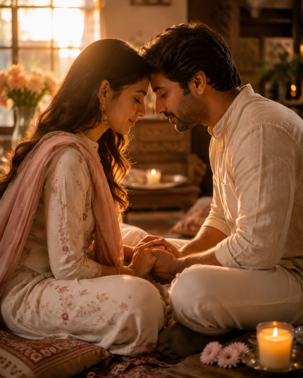 Indian couple sitting facing each other, foreheads gently touching, holding hands, golden hour